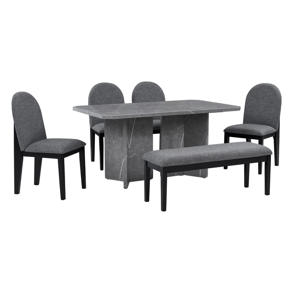 6-Piece Grey Faux Marble Dining Set with Chairs & Bench
