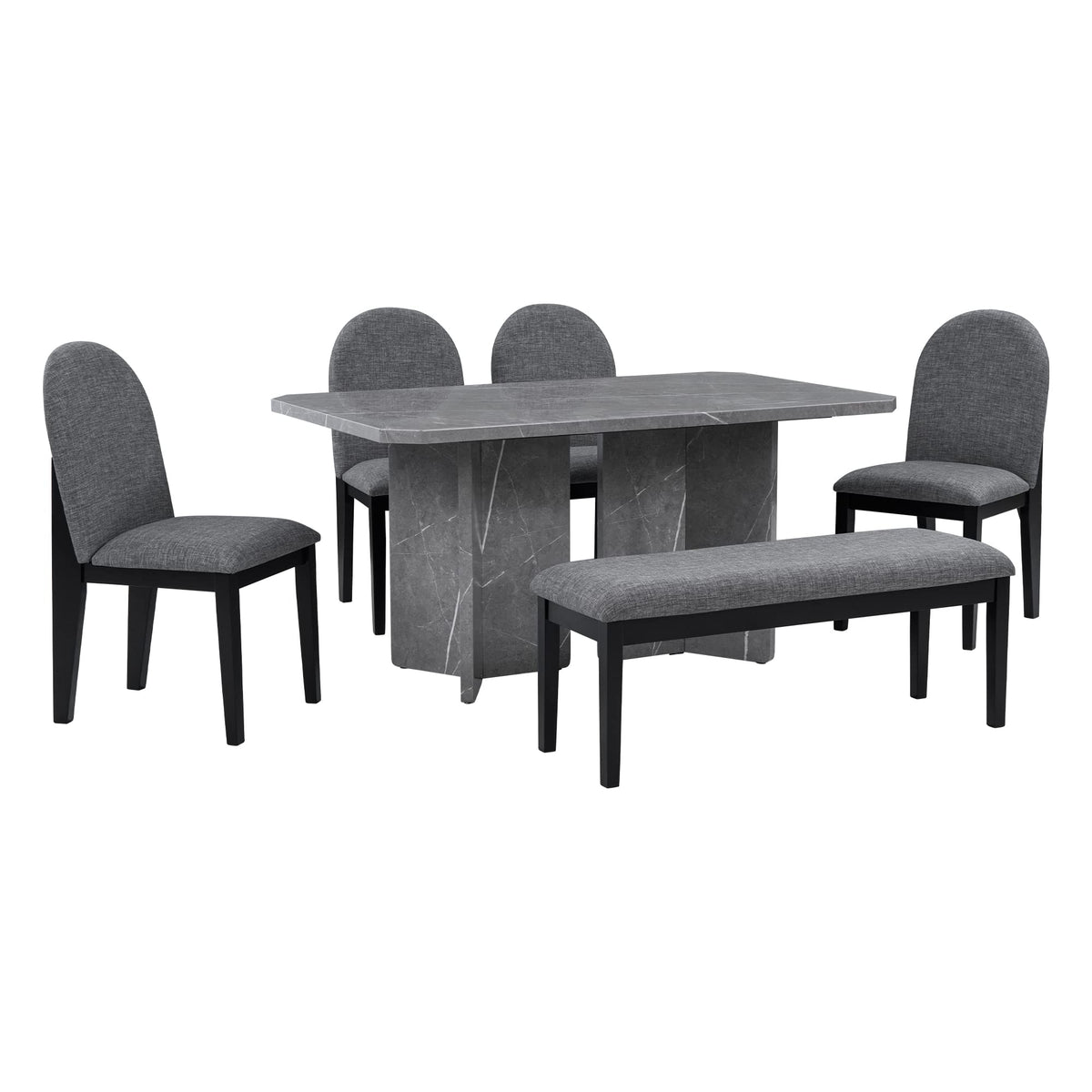 6-Piece Grey Faux Marble Dining Set with Chairs & Bench