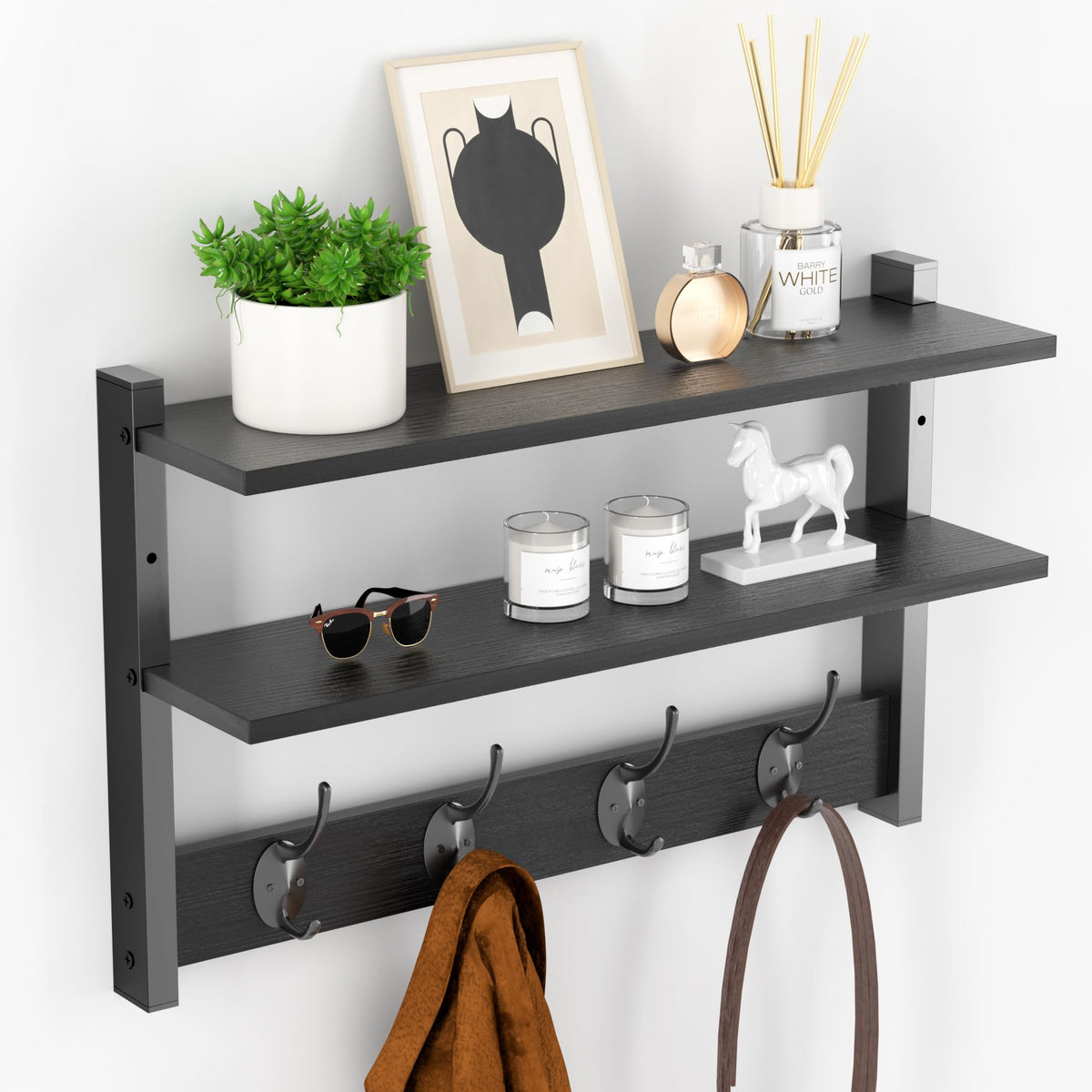 Orapoke 17-Inch Wall Shelf with 5 Double Coat Hooks