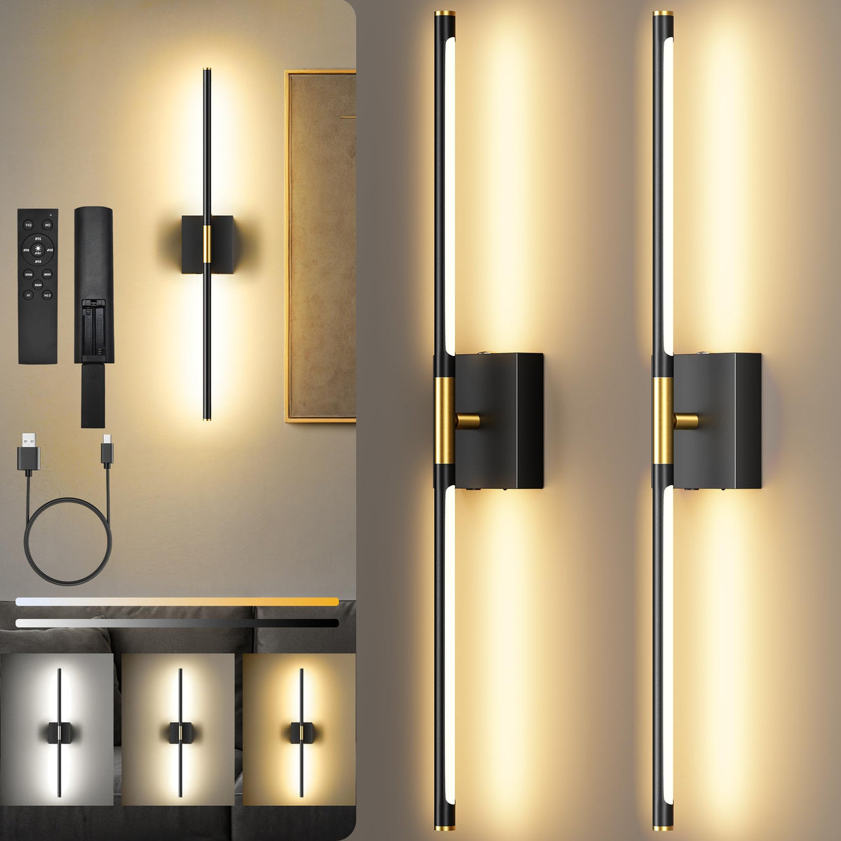 SyncGlow 10000mAh Battery-Operated Wall Sconces, Set of 2