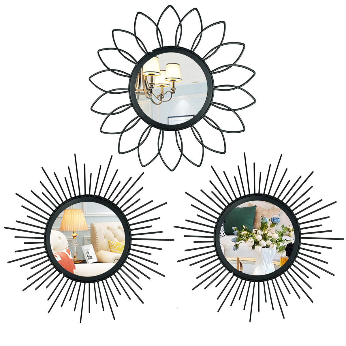 Gold Metal Sunburst Decorative Wall Mirrors, Set of 3