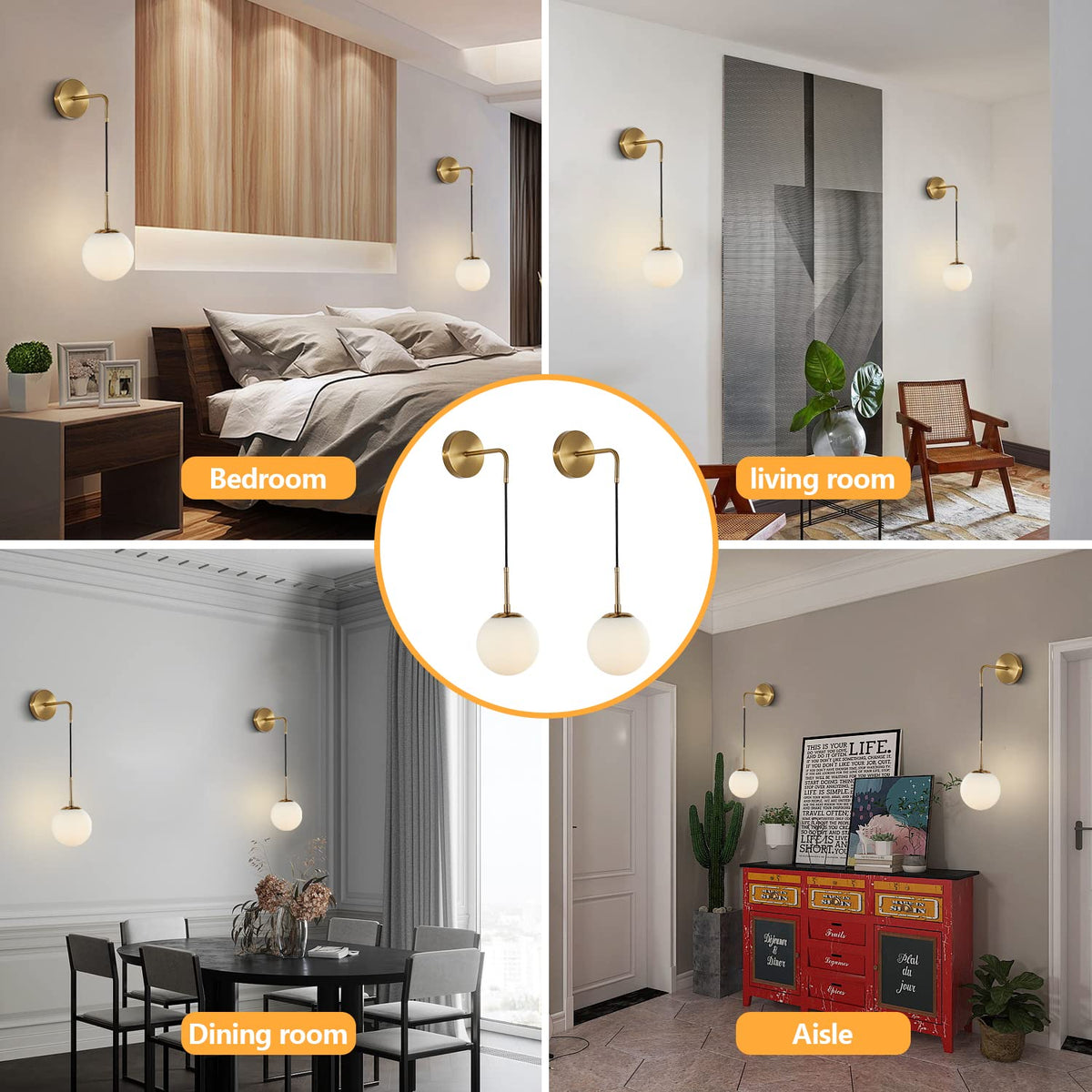 KCO Mid-Century Adjustable Brass Wall Light with Glass Shade