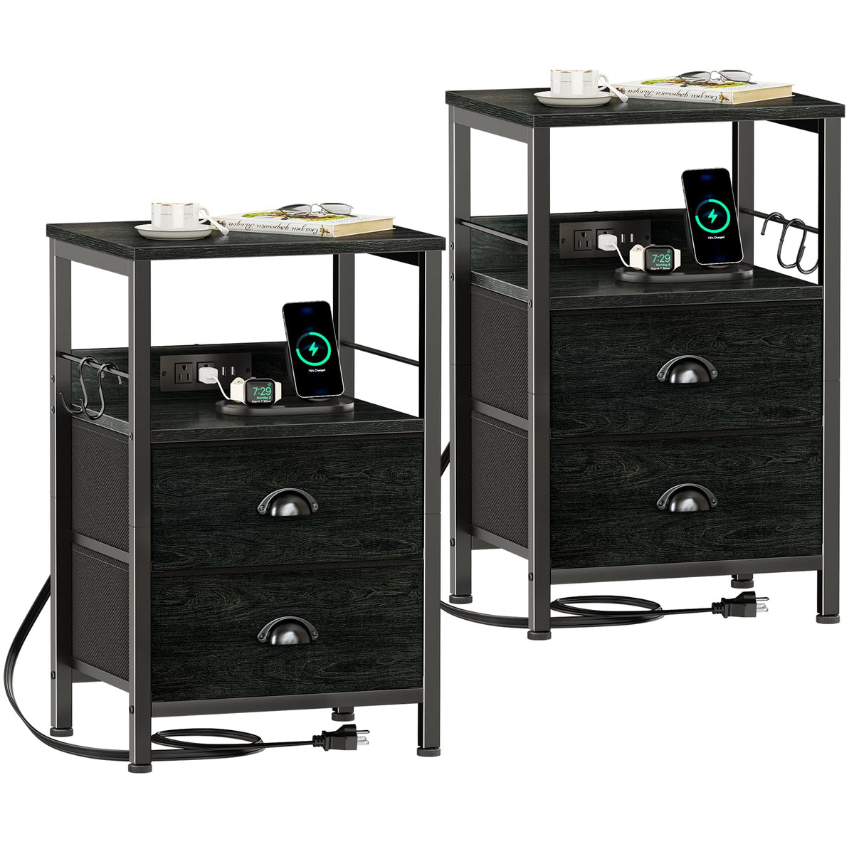 Furologee Nightstands with Charging Station, Set of 2