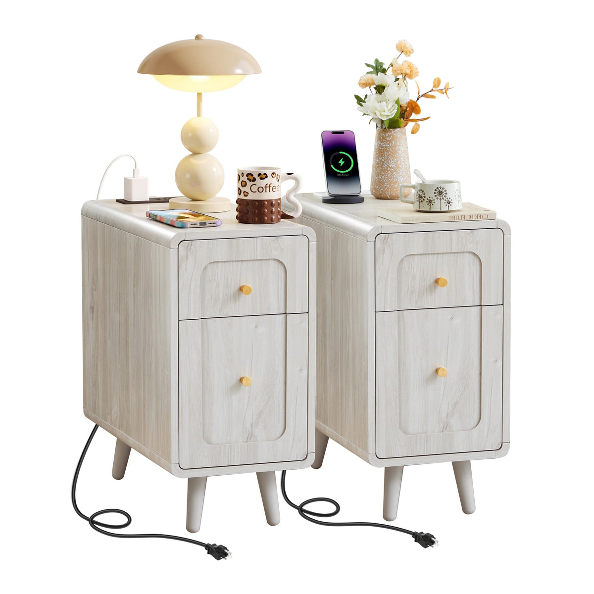 Slim Nightstand End Table with Built-In Charging Station