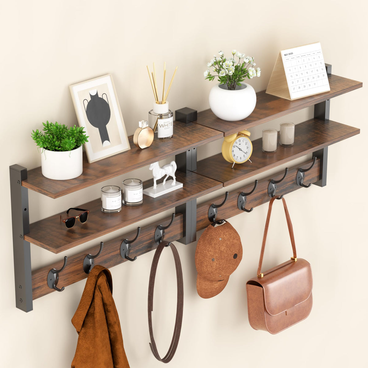 Orapoke 17-Inch Wall Shelf with 5 Double Coat Hooks