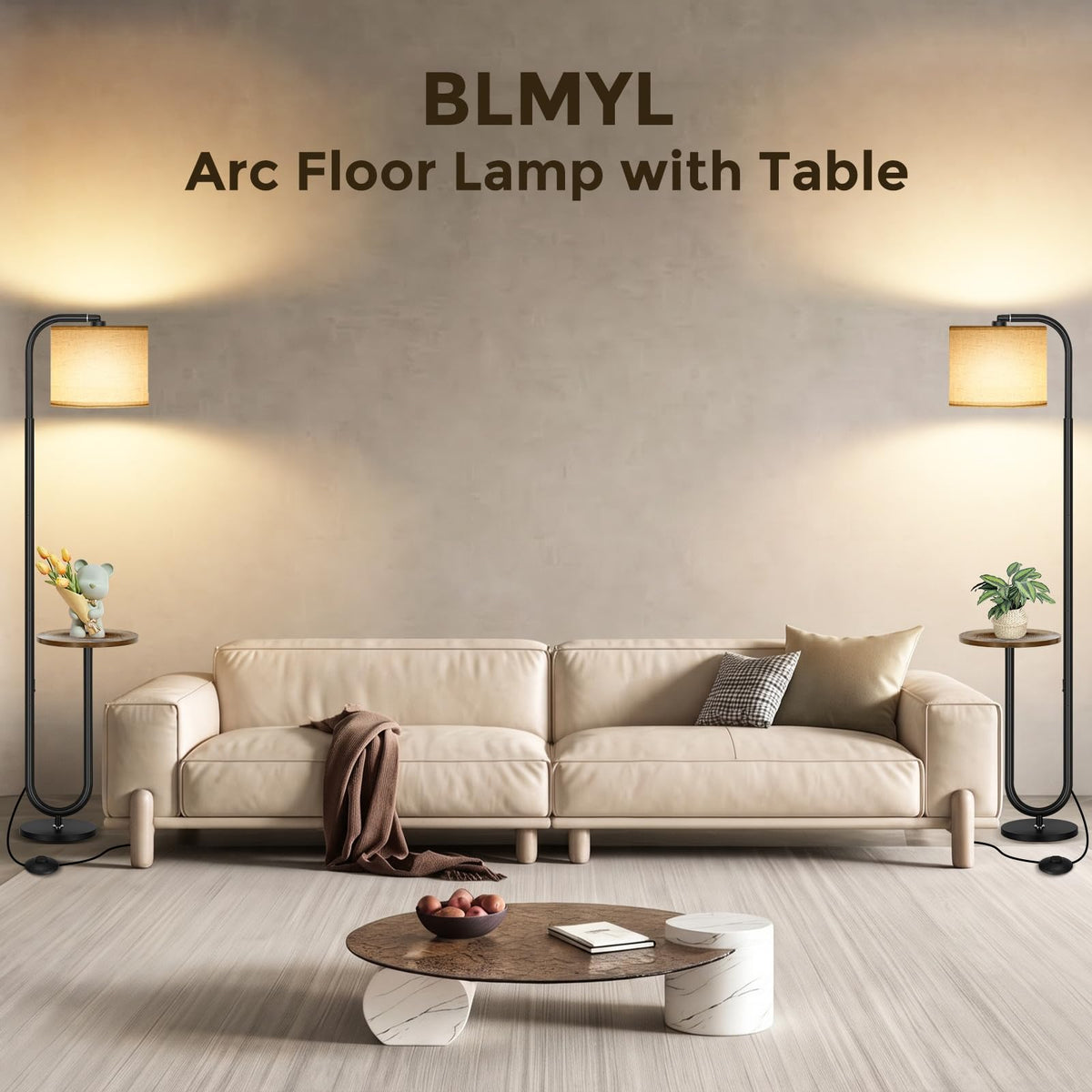 65'' Black Arc Floor Lamp with Table and Shelves with 3 Color Temperatures