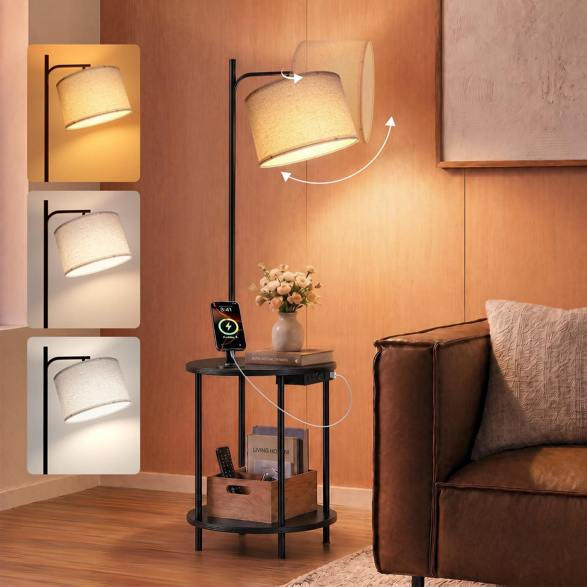 ONEWISH Floor Lamp with Side Table & USB Charging Ports