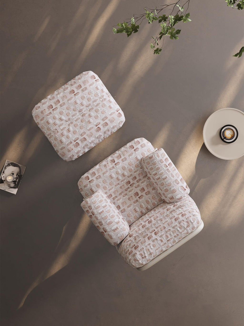 EDLME Swivel Accent Chair with Ottoman – Blush Beige