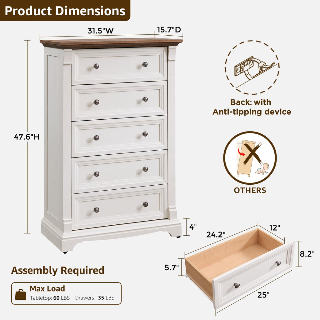 T4TREAM Farmhouse Drawer Dresser for Bedroom Storage