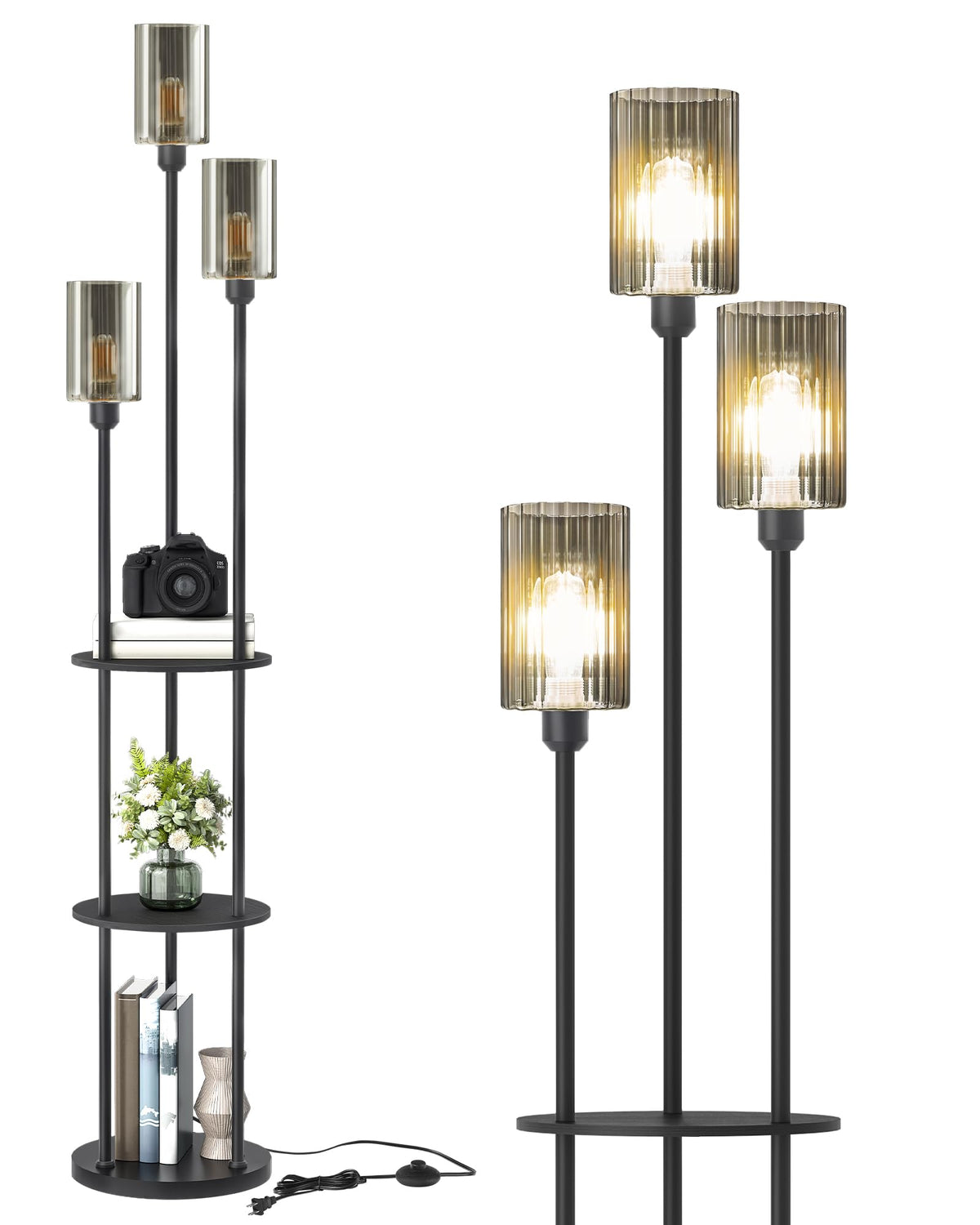 GOEBLESON 3-Light Floor Lamp with Shelves & Foot Switch