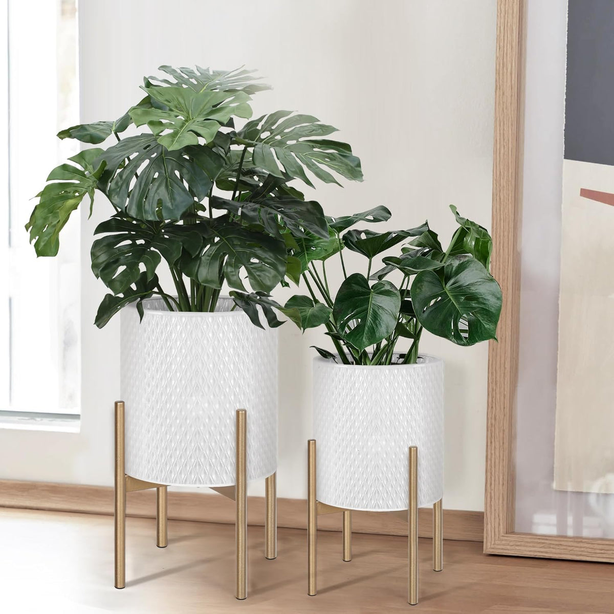 Oakrain Modern Metal Indoor Plant Pots with Stand, Set of 2