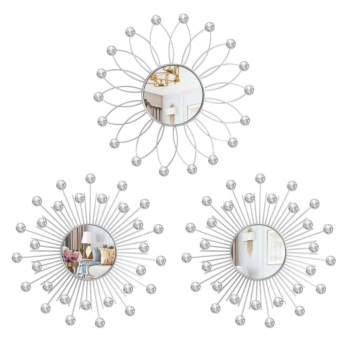 Gold Metal Sunburst Decorative Wall Mirrors, Set of 3