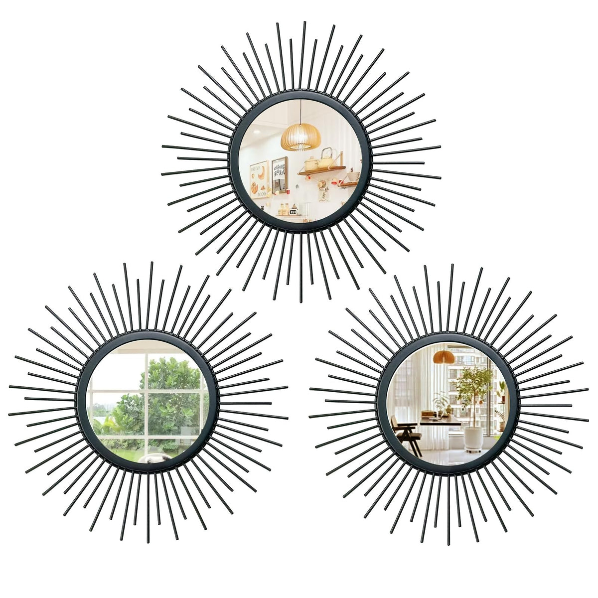 Cityelf Sunburst Round Decorative Wall Mirrors, Set of 3