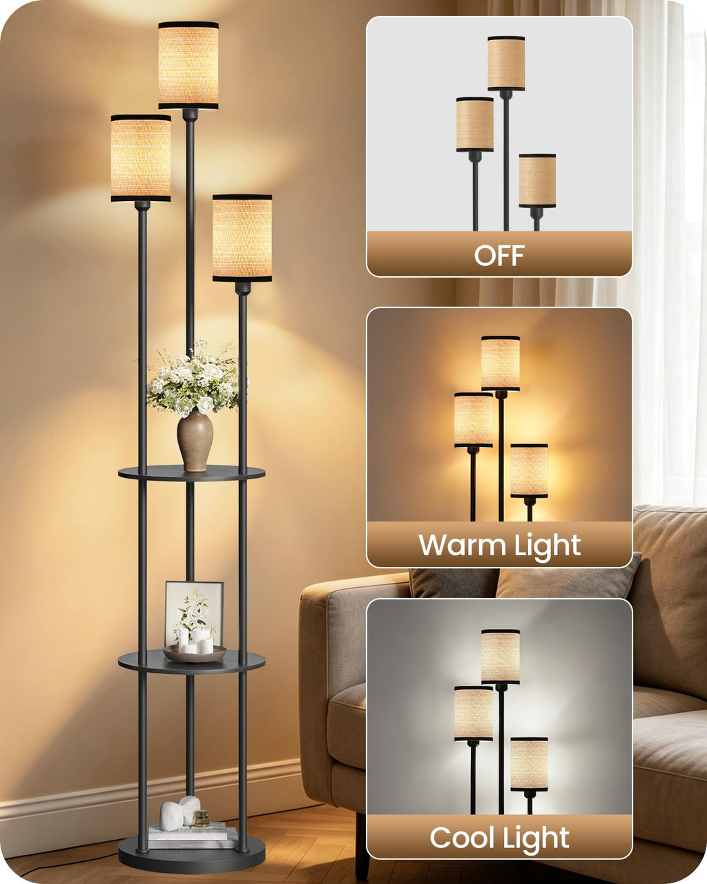 GOEBLESON 3-Light Floor Lamp with Shelves & Foot Switch