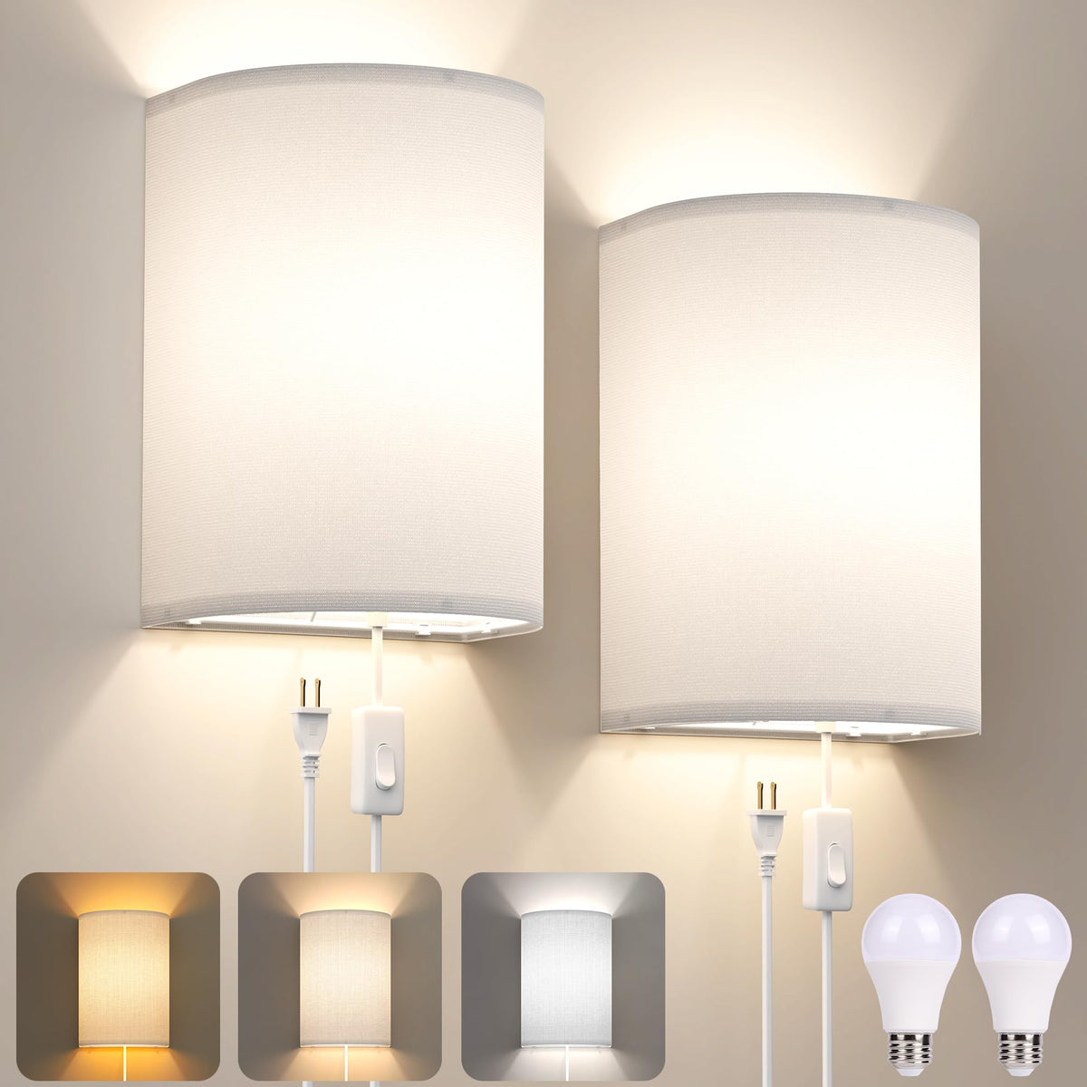 Yunaking Dimmable Plug-In Wall Sconces, Set of 2