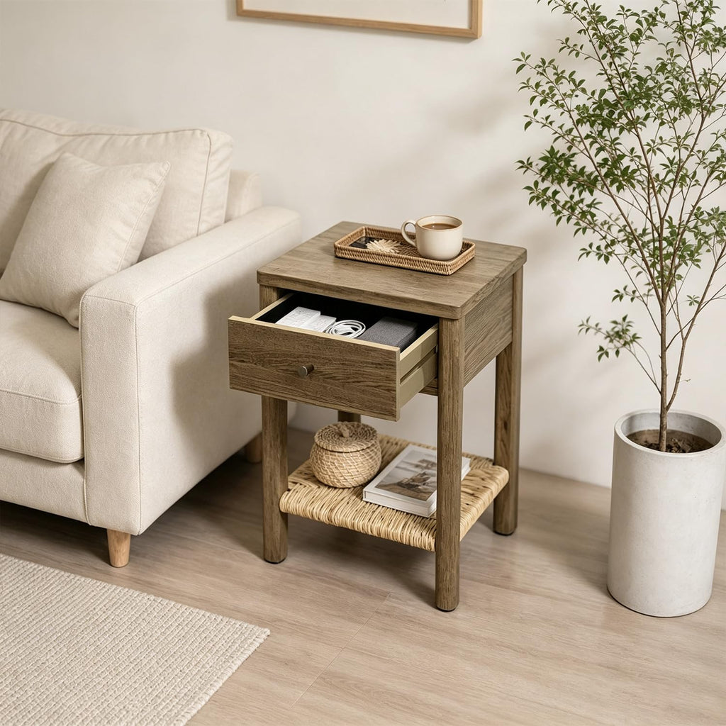 GDFStudio Wooden Nightstand with Jute Shelf & Drawer