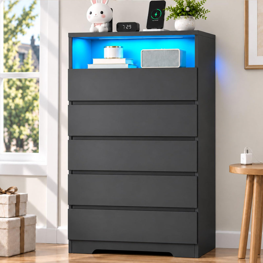 BEWISHOME Tall 5-Drawer Bedroom Dresser with LED Light