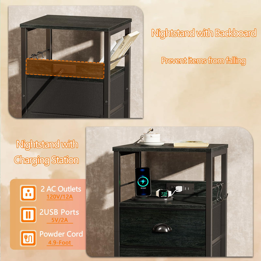 Furologee Nightstands with Charging Station, Set of 2