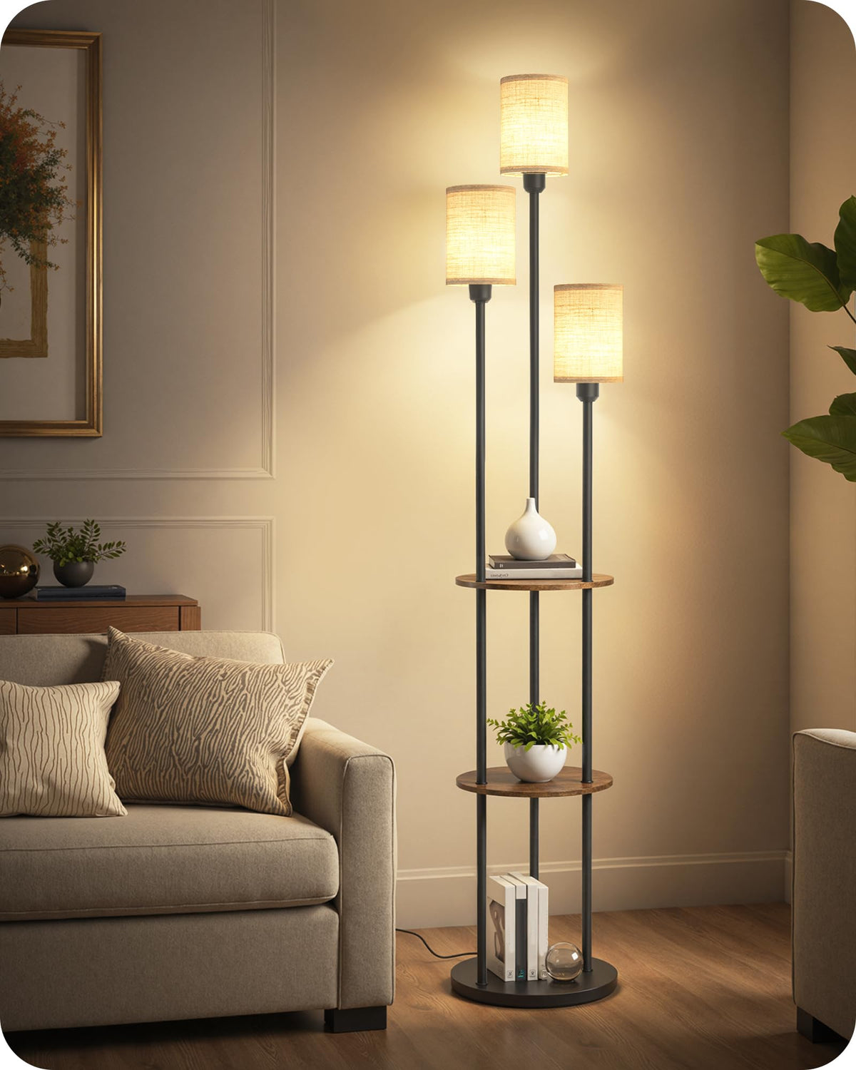 GOEBLESON 3-Light Floor Lamp with Shelves & Foot Switch