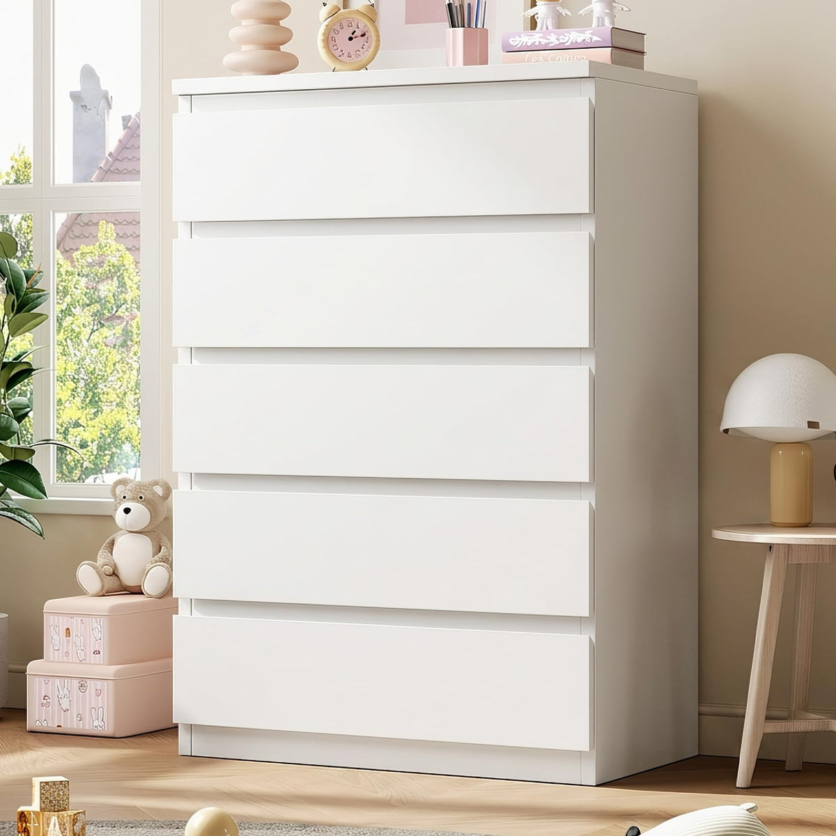 5 Drawer Dresser for Bedroom, White Dresser Chest of Drawers, Tall Dressers for Bedroom with Handleless Drawers, 15" D x 23.7" W x 40.4" H Storage Dressers for Living Room, Hallway and Entryway-White