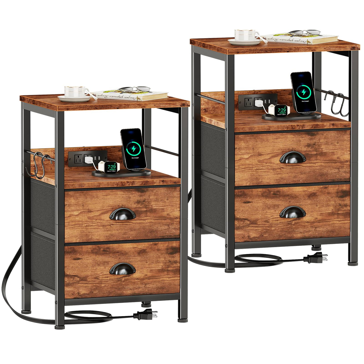 Furologee Nightstands with Charging Station, Set of 2