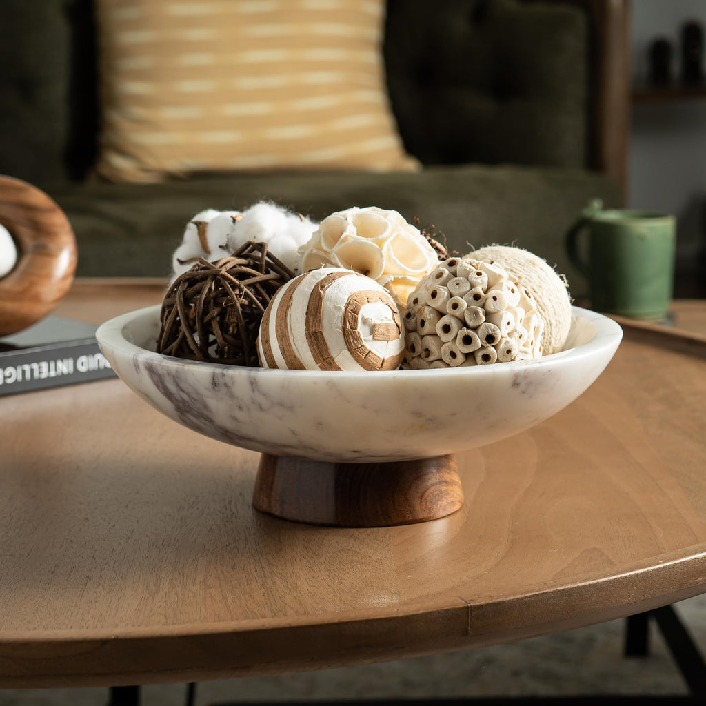 Cork & Mill 11-Inch Marble Bowl with Acacia Wood Pedestal
