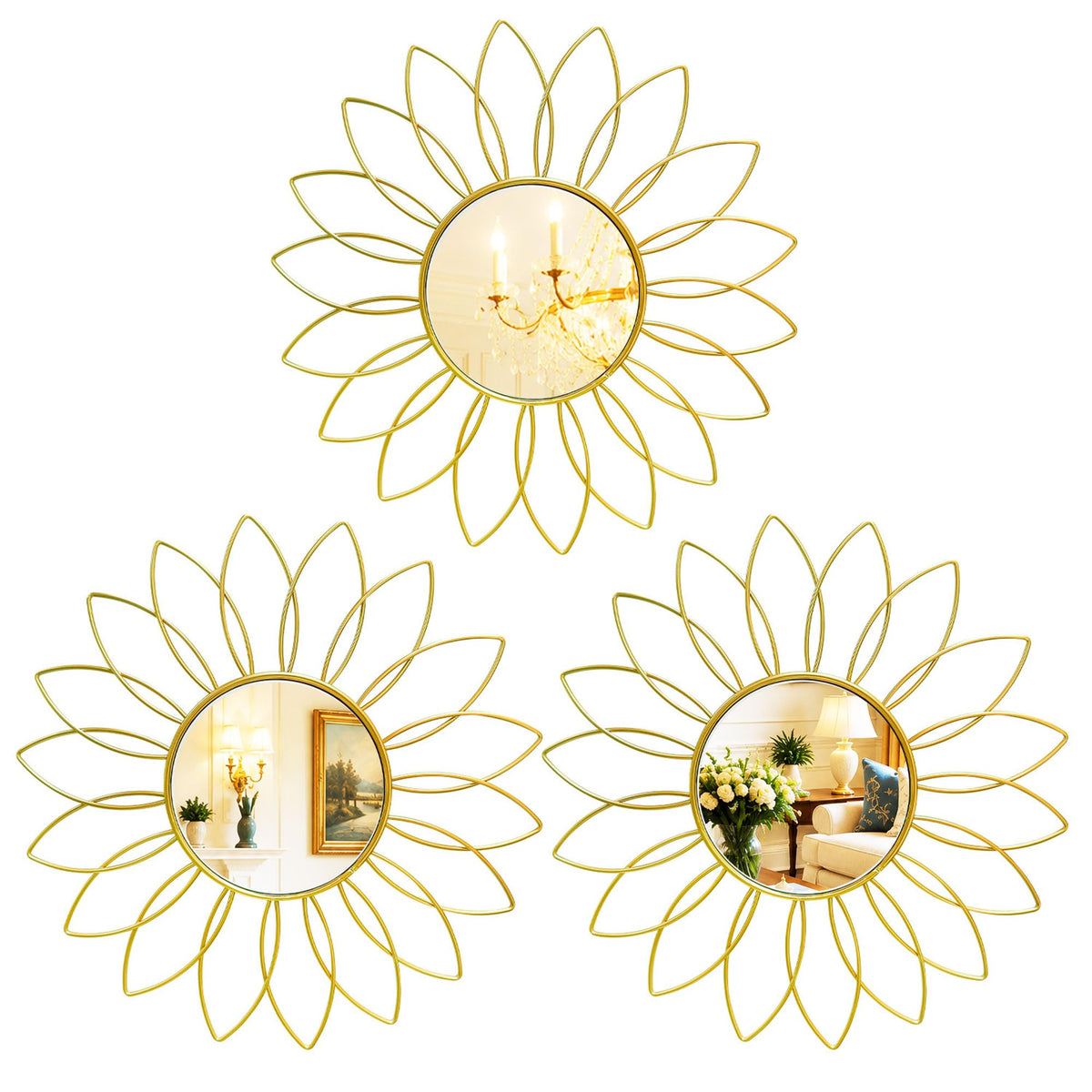 Gold Metal Sunburst Decorative Wall Mirrors, Set of 3