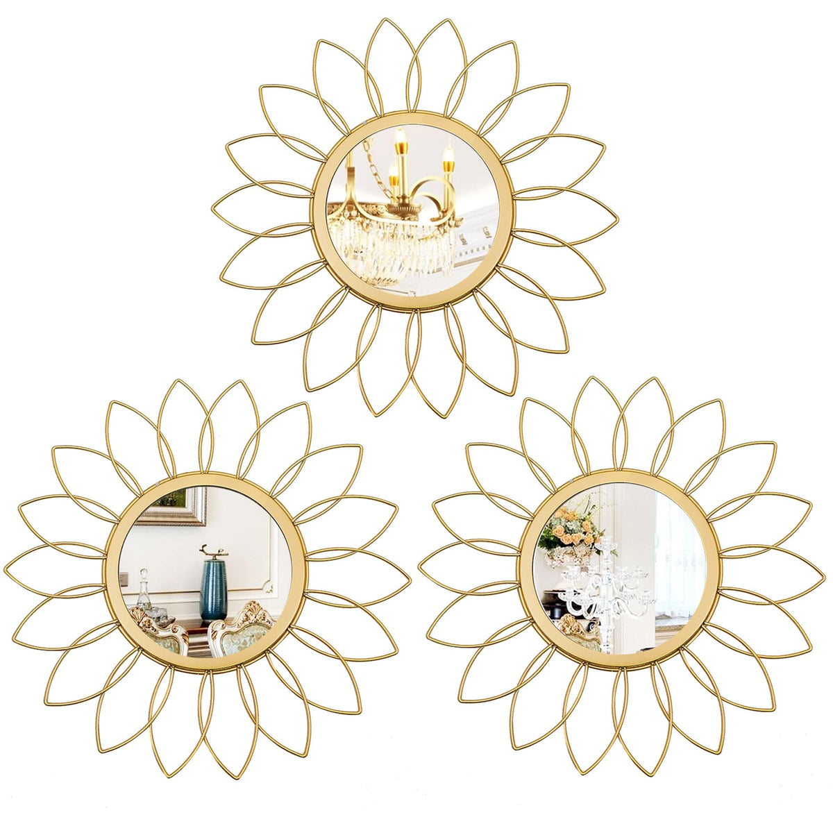 Gold Metal Sunburst Decorative Wall Mirrors, Set of 3