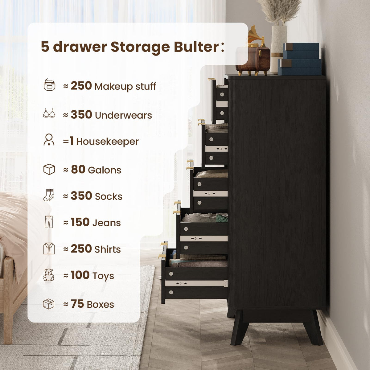 TROJM Fluted Bedroom Dresser with Curved Edge Design