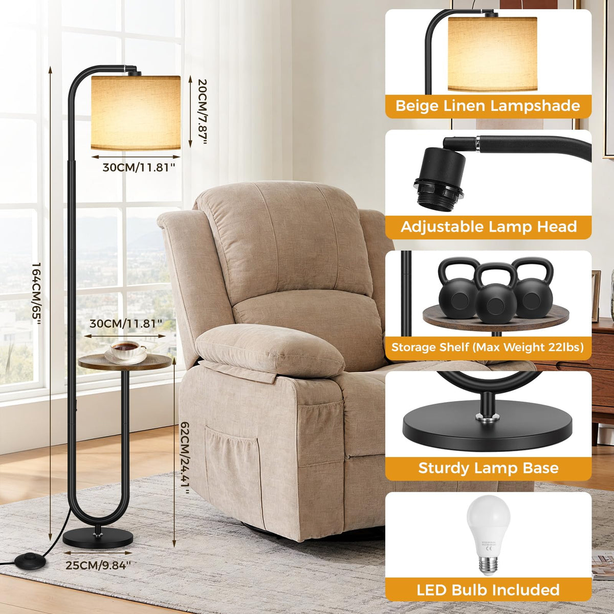 65'' Black Arc Floor Lamp with Table and Shelves with 3 Color Temperatures