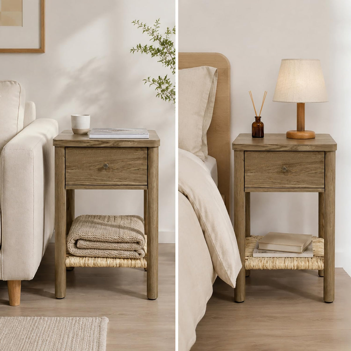 GDFStudio Wooden Nightstand with Jute Shelf & Drawer