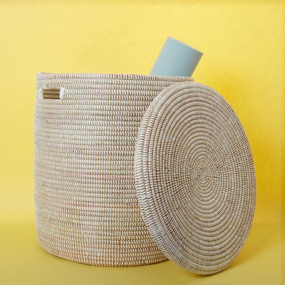 Decorative White Woven Wicker Storage Basket with Lid