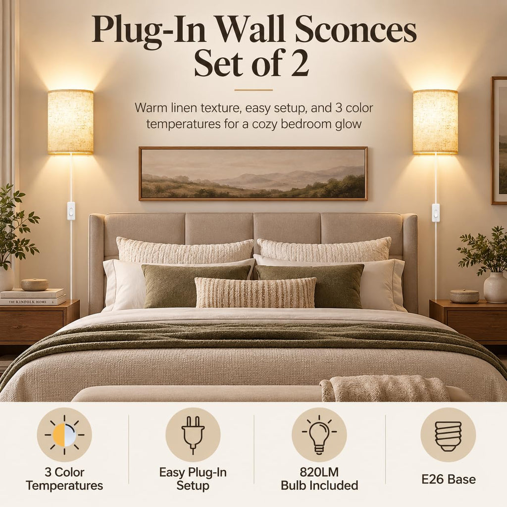 Yunaking Dimmable Plug-In Wall Sconces, Set of 2