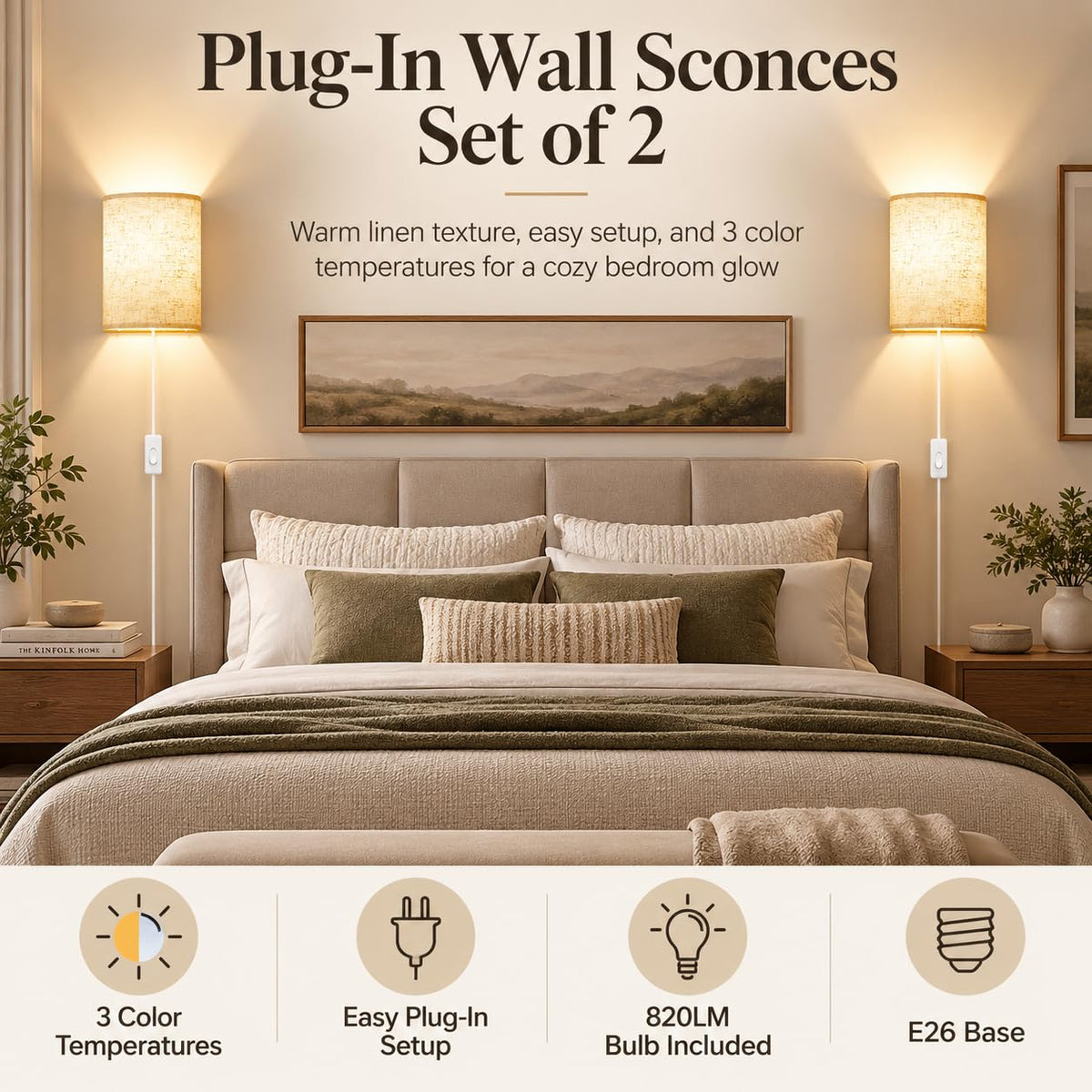 Yunaking Dimmable Plug-In Wall Sconces, Set of 2