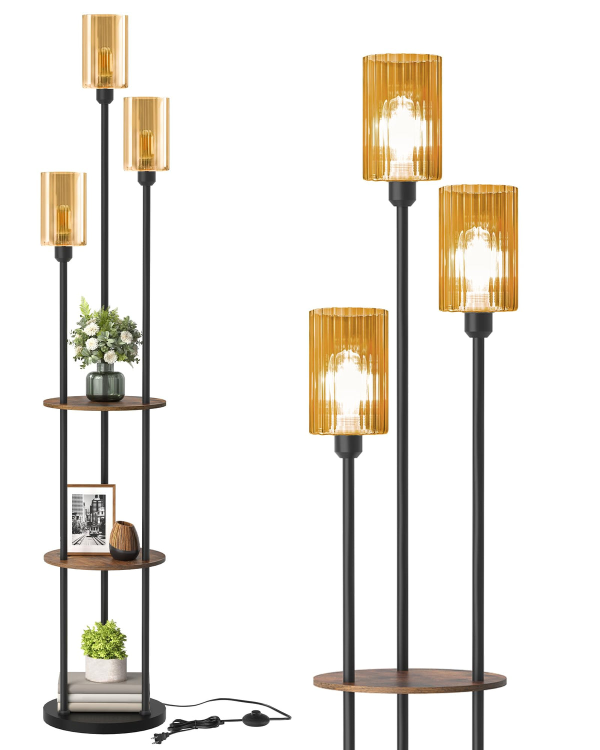 GOEBLESON 3-Light Floor Lamp with Shelves & Foot Switch