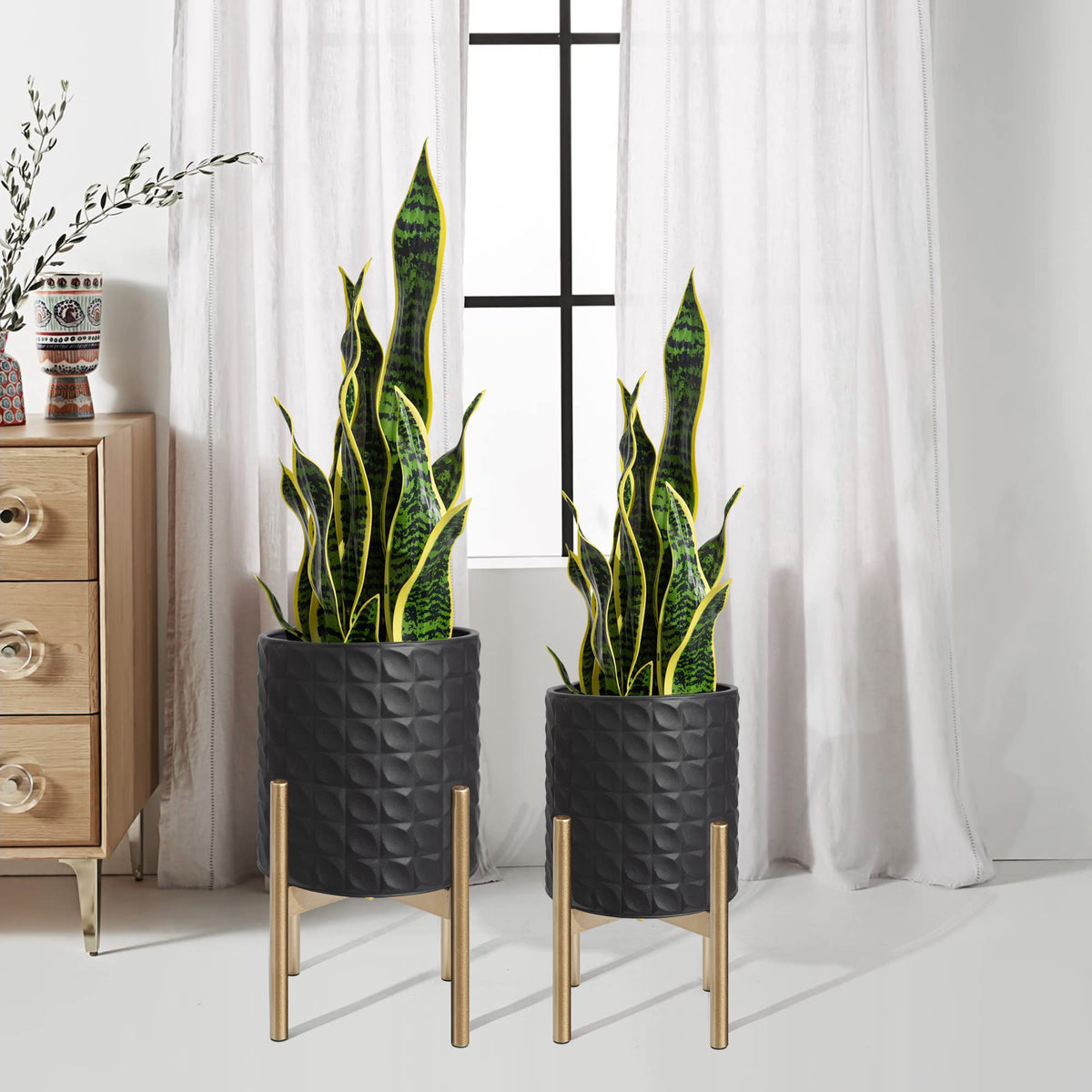 Oakrain Modern Metal Indoor Plant Pots with Stand, Set of 2