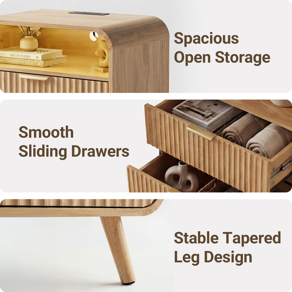 Curved 2-Drawer Nightstand with Charging Station & LED Light