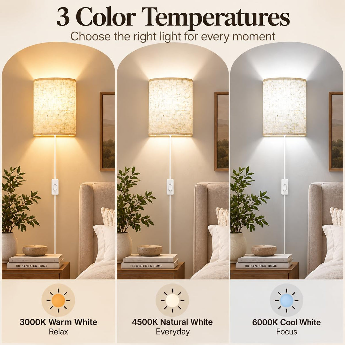 Yunaking Dimmable Plug-In Wall Sconces, Set of 2