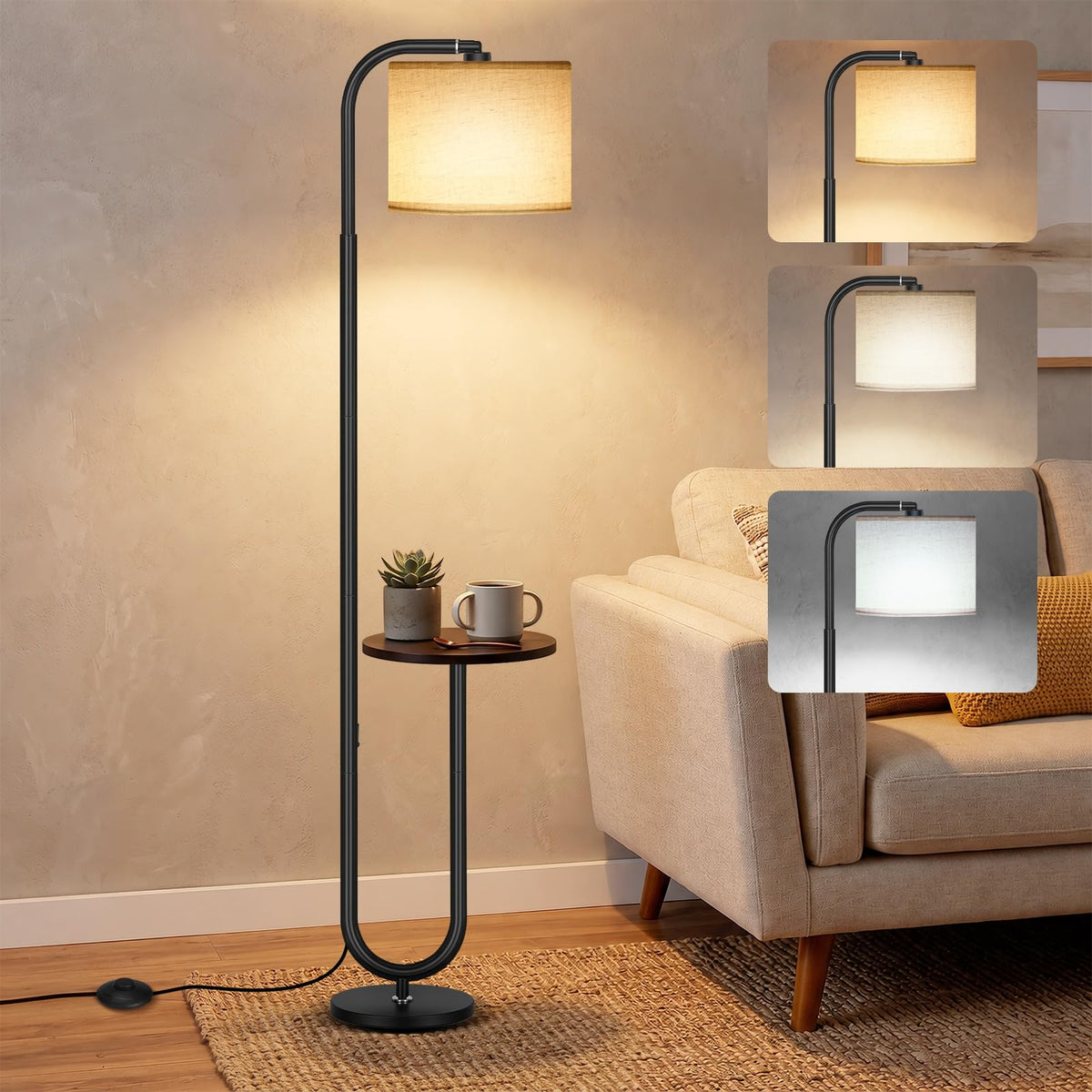 65'' Black Arc Floor Lamp with Table and Shelves with 3 Color Temperatures