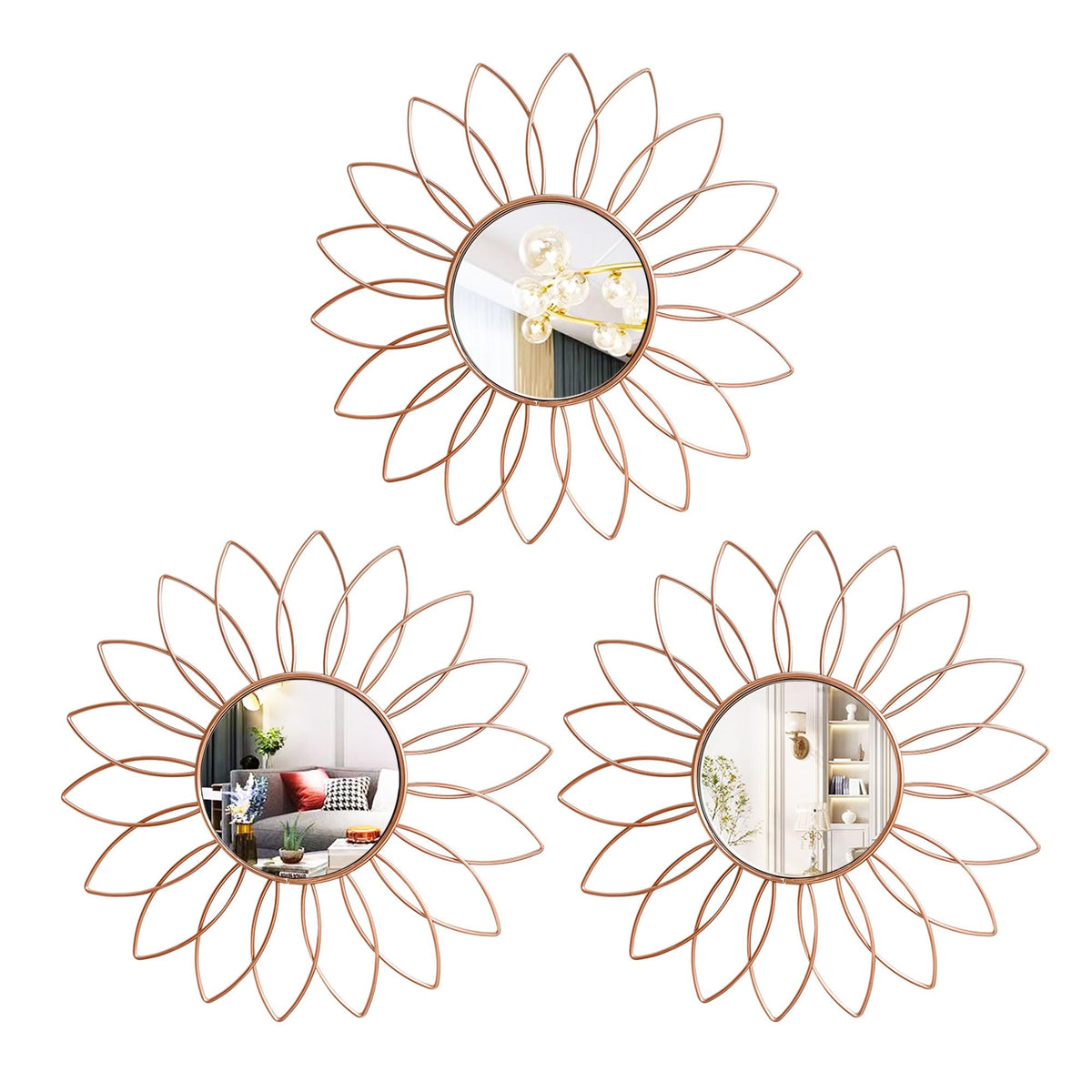 Gold Metal Sunburst Decorative Wall Mirrors, Set of 3