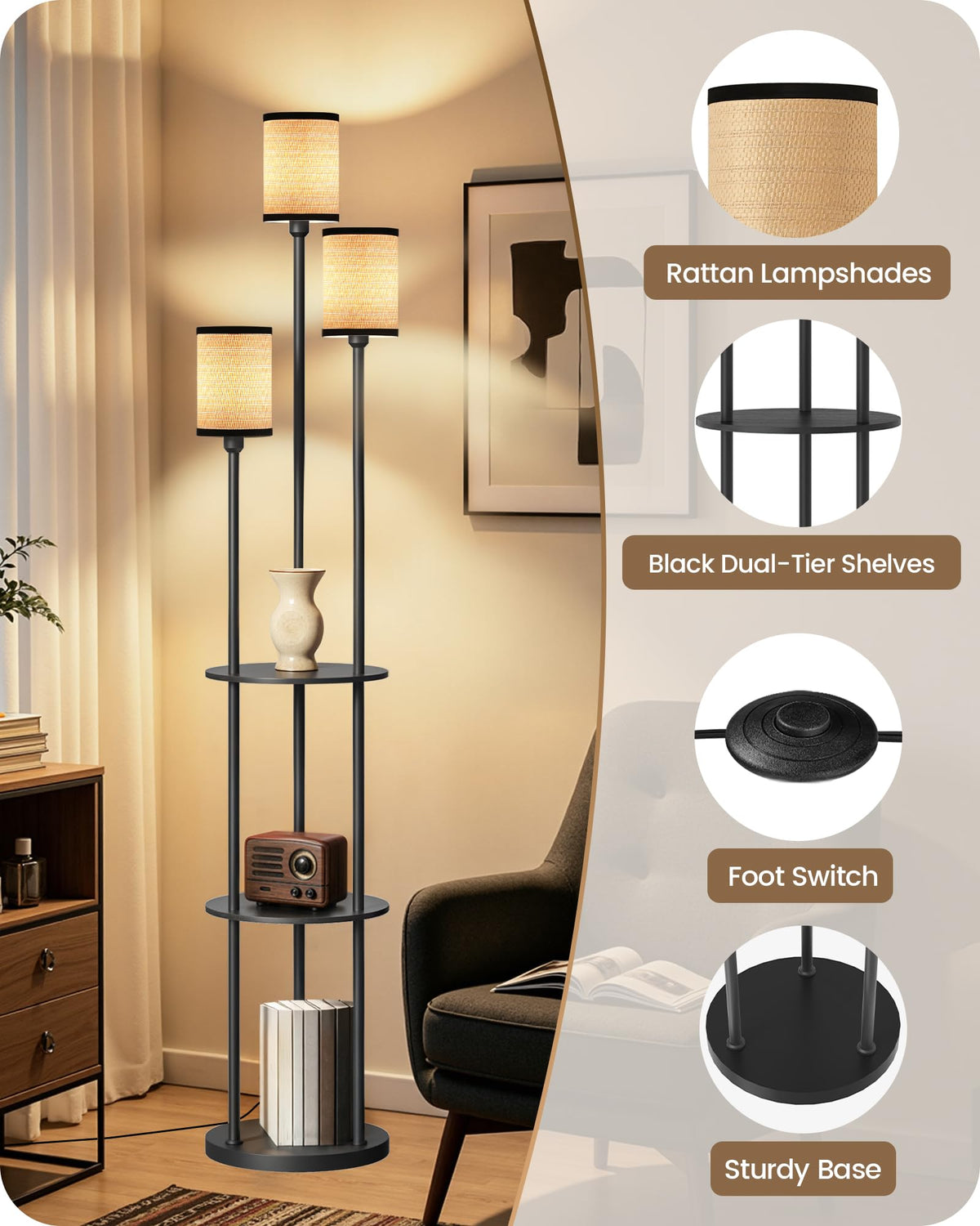 GOEBLESON 3-Light Floor Lamp with Shelves & Foot Switch