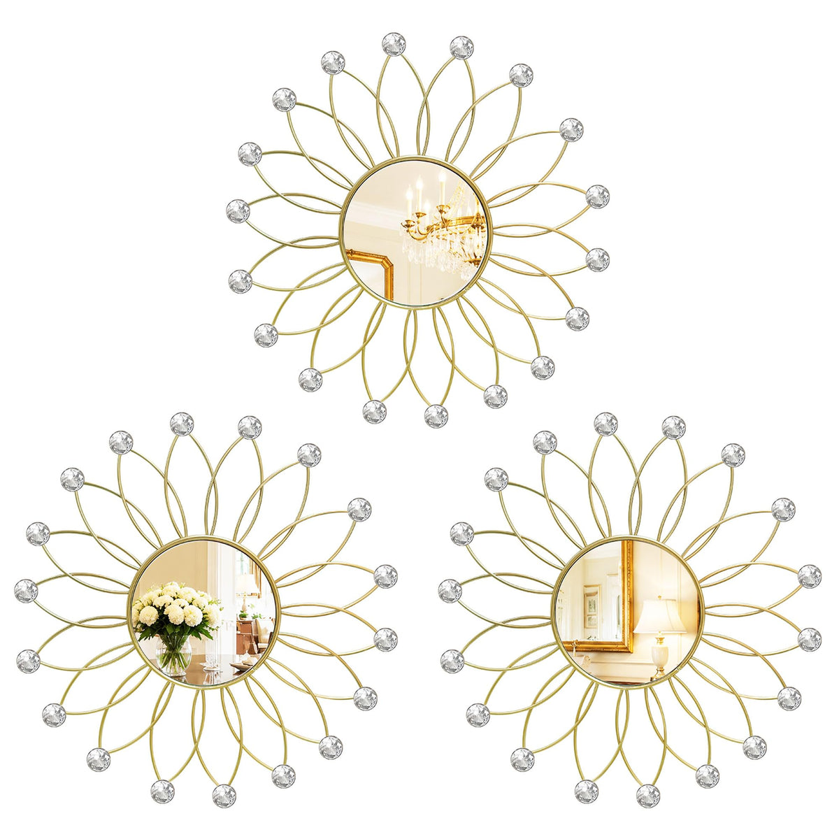 Gold Metal Sunburst Decorative Wall Mirrors, Set of 3