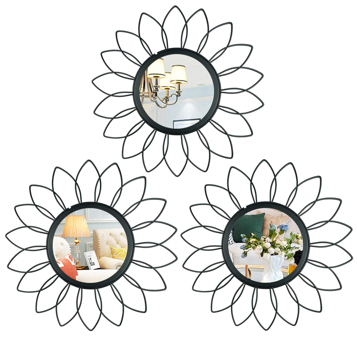 Gold Metal Sunburst Decorative Wall Mirrors, Set of 3