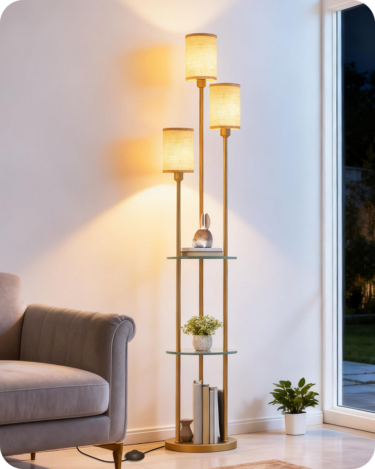 GOEBLESON 3-Light Floor Lamp with Shelves & Foot Switch
