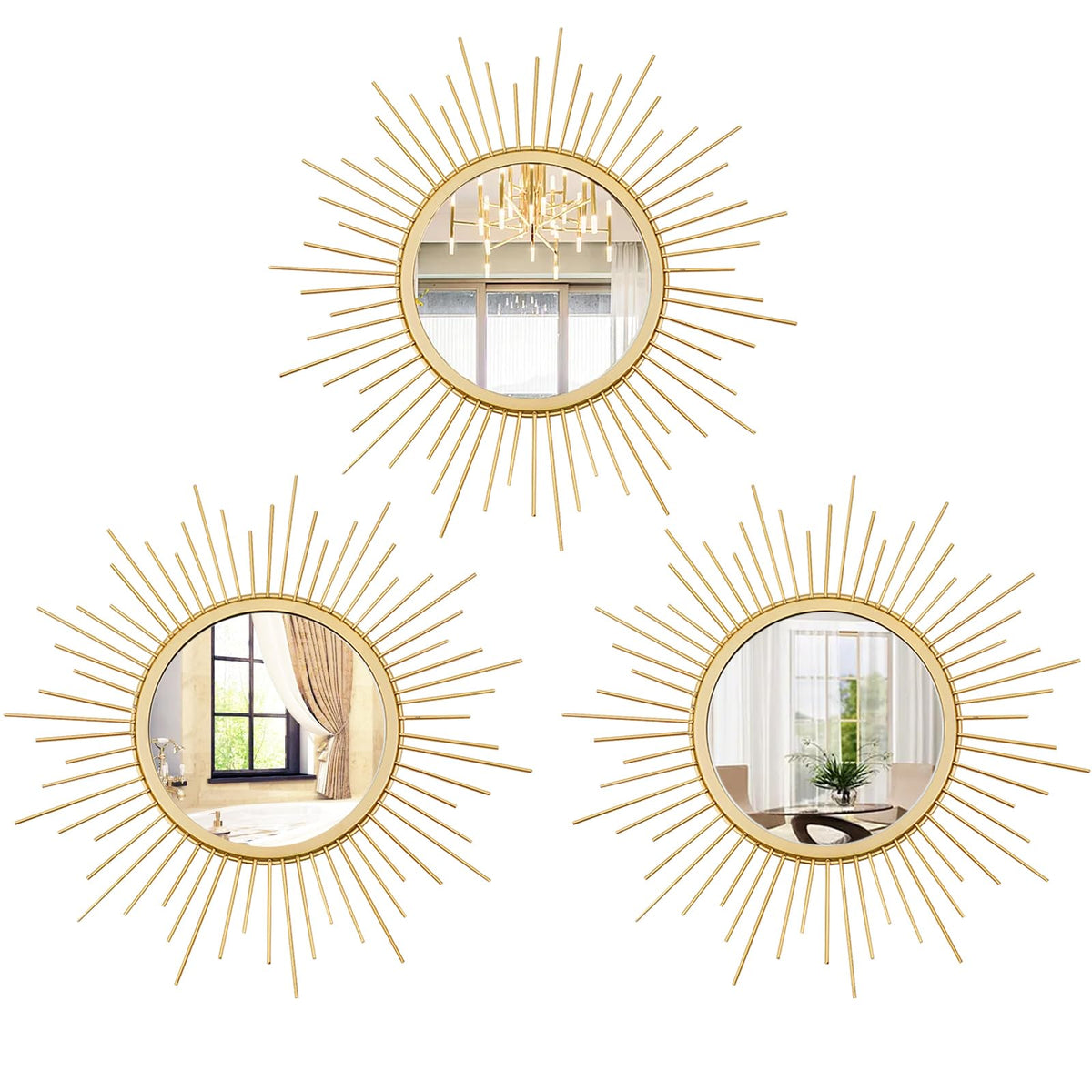 Cityelf Sunburst Round Decorative Wall Mirrors, Set of 3