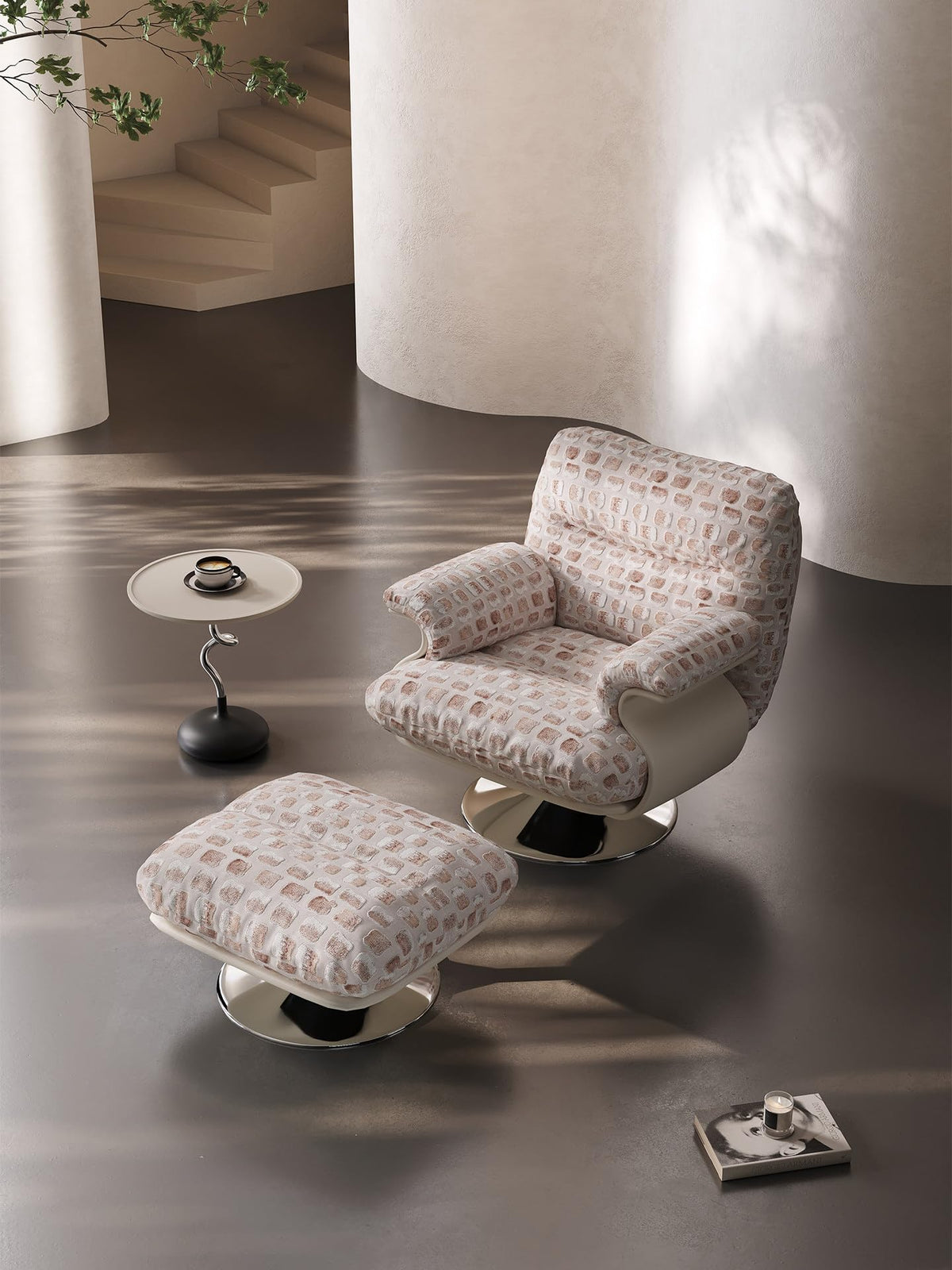 EDLME Swivel Accent Chair with Ottoman – Blush Beige