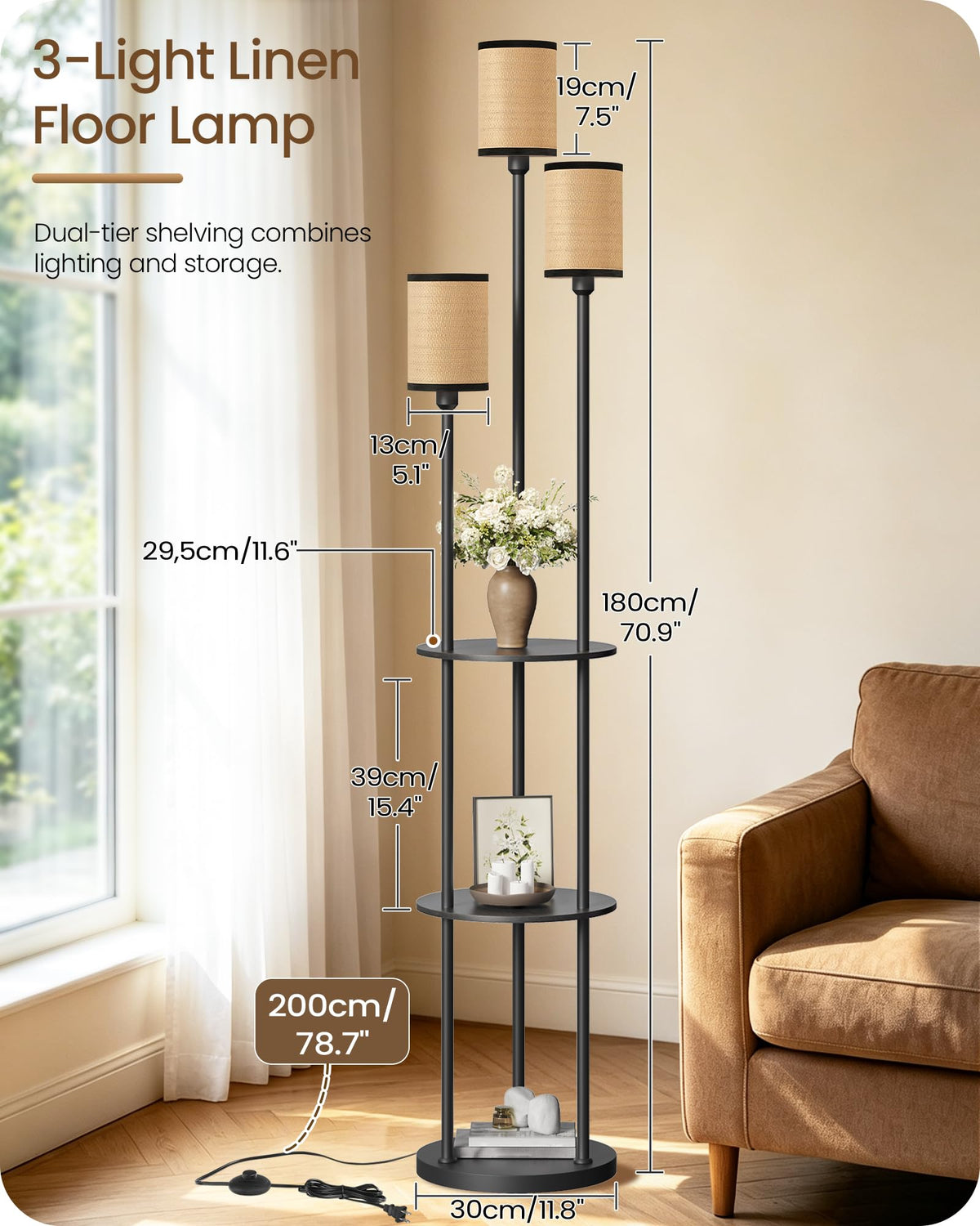 GOEBLESON 3-Light Floor Lamp with Shelves & Foot Switch