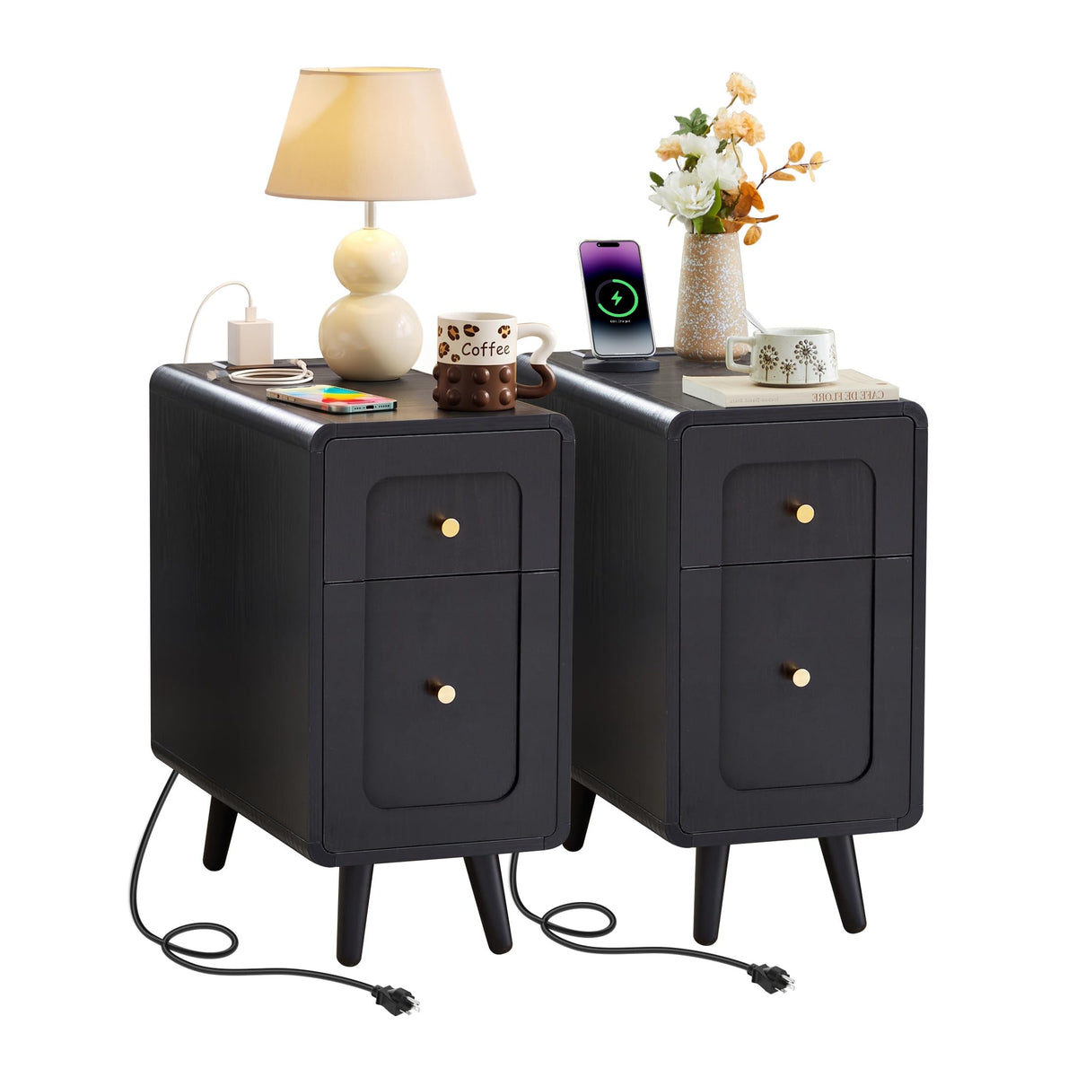 Slim Nightstand End Table with Built-In Charging Station