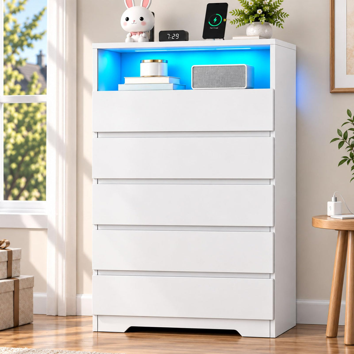 BEWISHOME Tall Dresser for Bedroom with 5 Drawers, LED Light