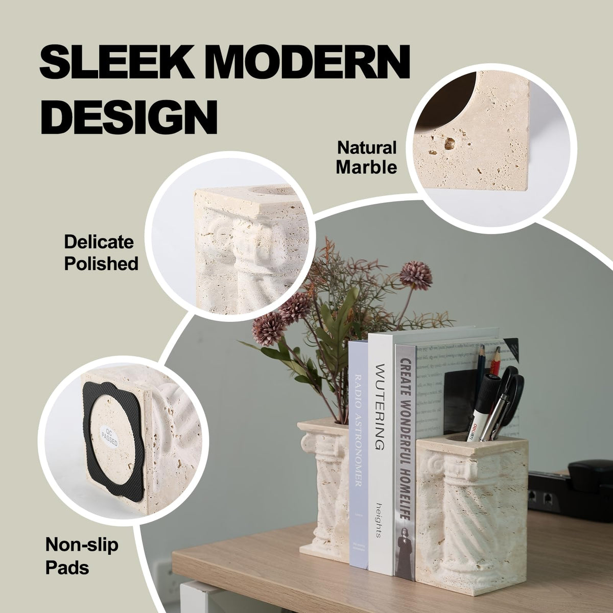 Roman Column Marble Bookends with Flower Vase Function